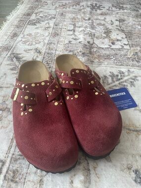 Birkenstock Burgundy Suede Studded Clogs with Gold Accents
